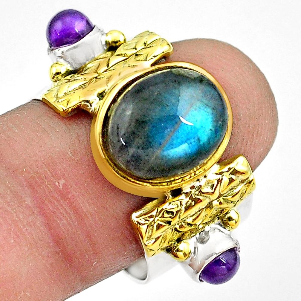 6.89cts natural blue labradorite 925 silver gold solitaire ring size 8.5 p81138