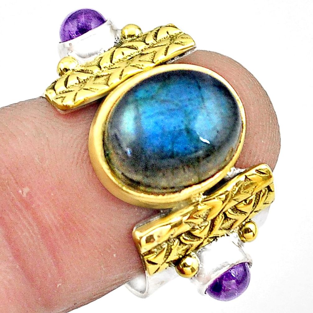 7.07cts natural blue labradorite 925 silver gold solitaire ring size 6.5 p81140