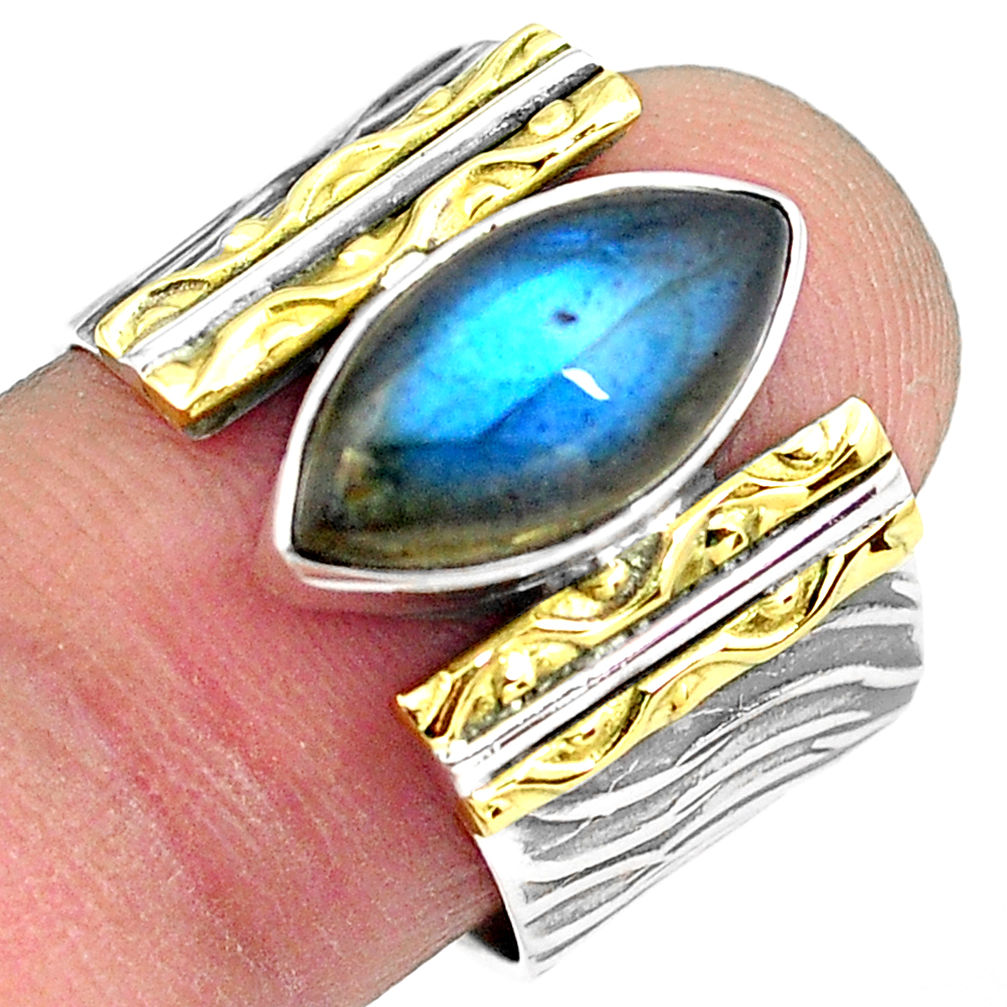 6.72cts natural blue labradorite 925 silver gold solitaire ring size 8 p87929