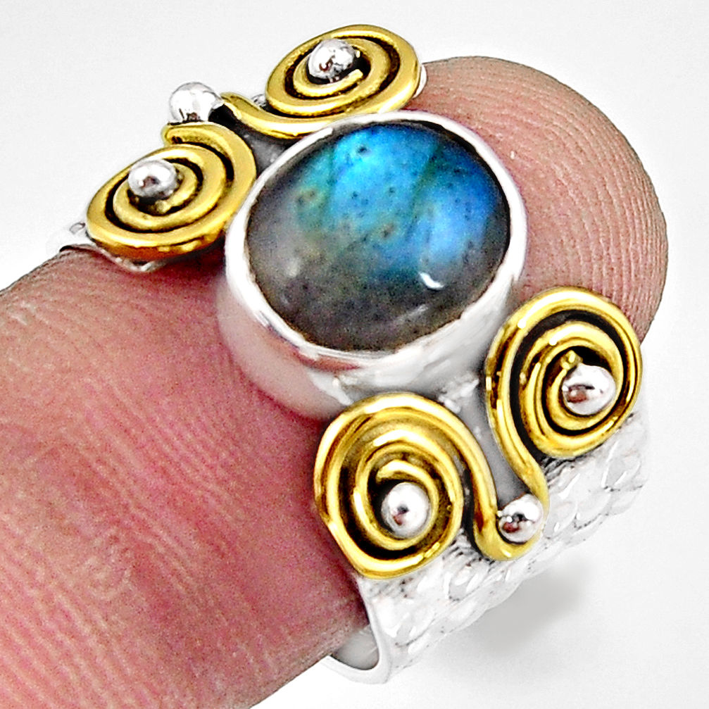 4.47cts natural blue labradorite 925 silver gold solitaire ring size 7.5 p91155