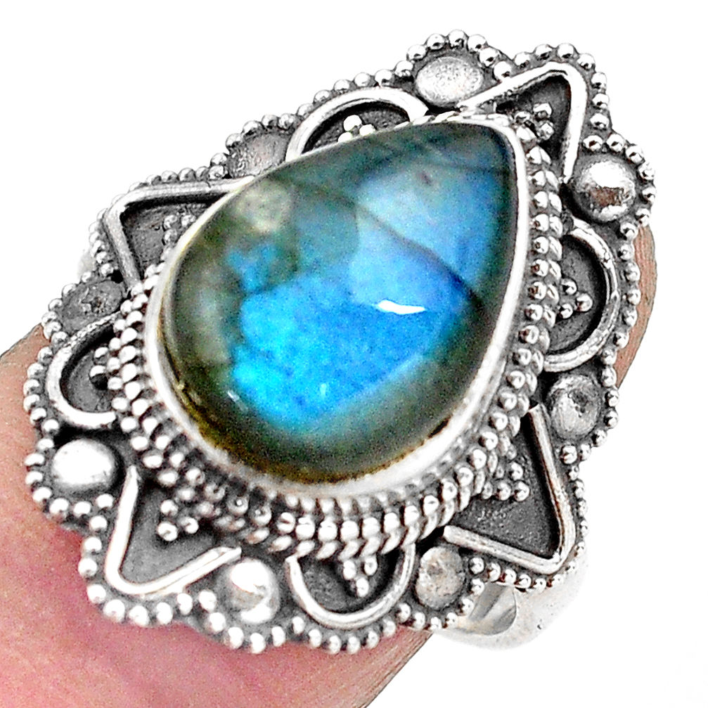 6.61cts natural blue labradorite 925 silver solitaire ring size 8.5 p88298