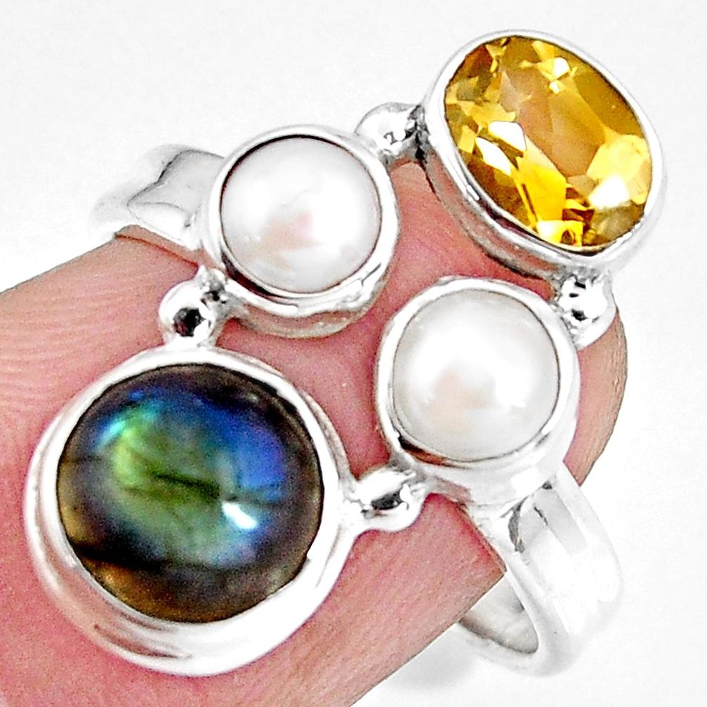 7.82cts natural blue labradorite citrine pearl 925 silver ring size 7 p90635