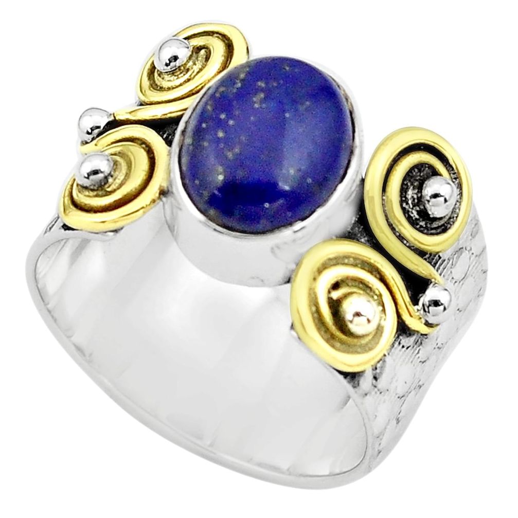 4.48cts natural blue lapis lazuli 925 silver gold solitaire ring size 7.5 p81047