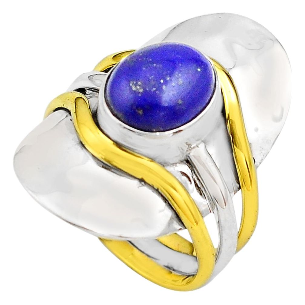 4.71cts natural blue lapis lazuli 925 silver gold solitaire ring size 7.5 p81086