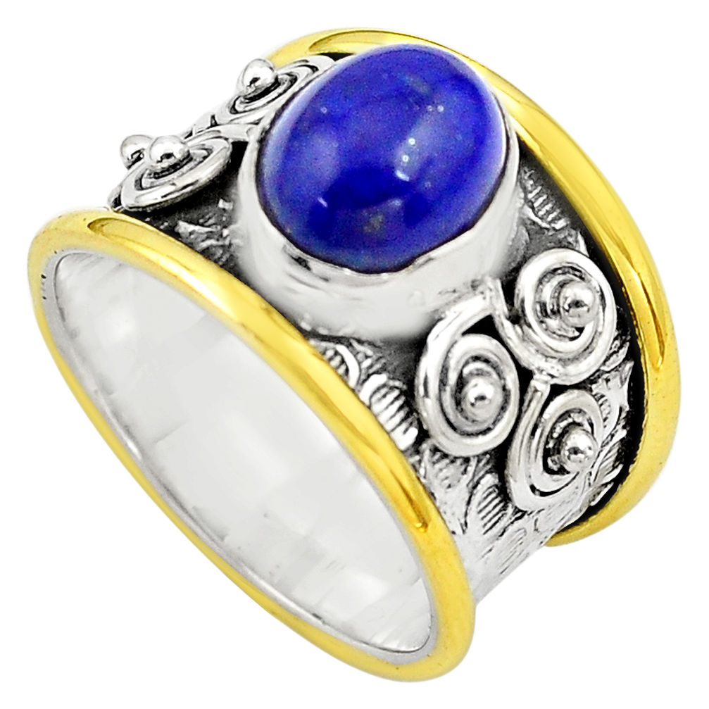 4.38cts natural blue lapis lazuli 925 silver gold solitaire ring size 8 p81114