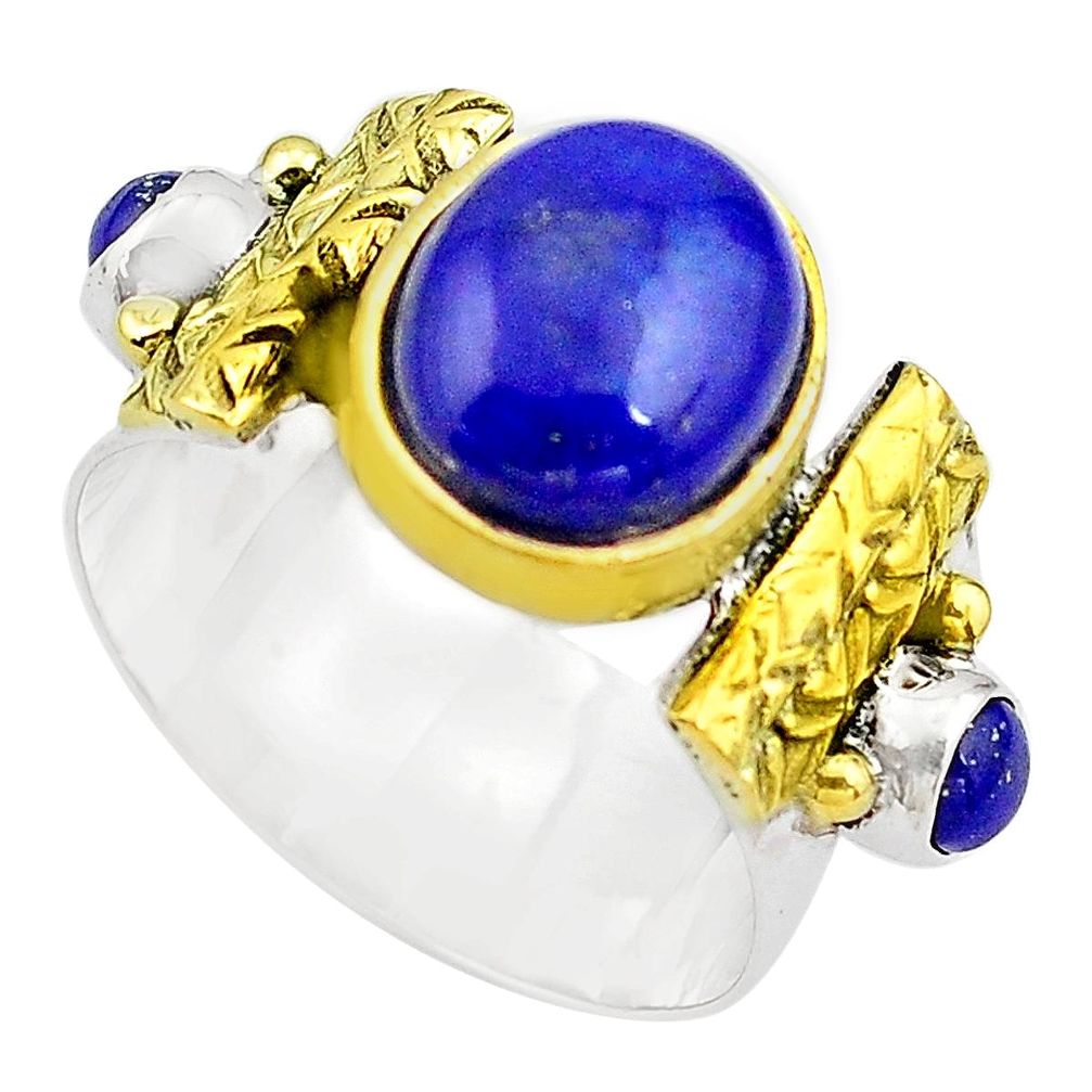 6.62cts natural blue lapis lazuli 925 silver gold solitaire ring size 9.5 p81132