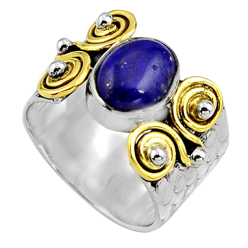 4.36cts natural blue lapis lazuli 925 silver gold solitaire ring size 7 p91152