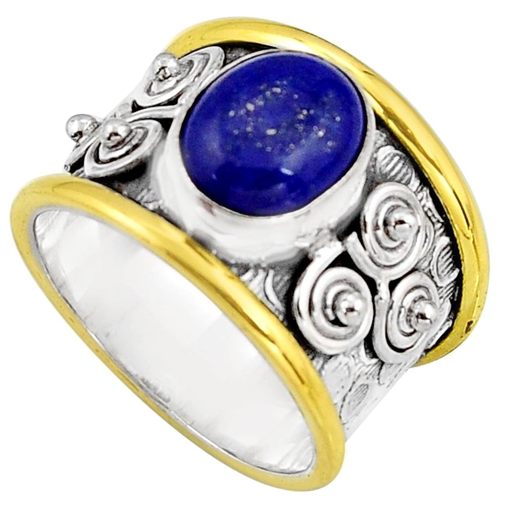 4.07cts natural blue lapis lazuli 925 silver gold solitaire ring size 7 p91186