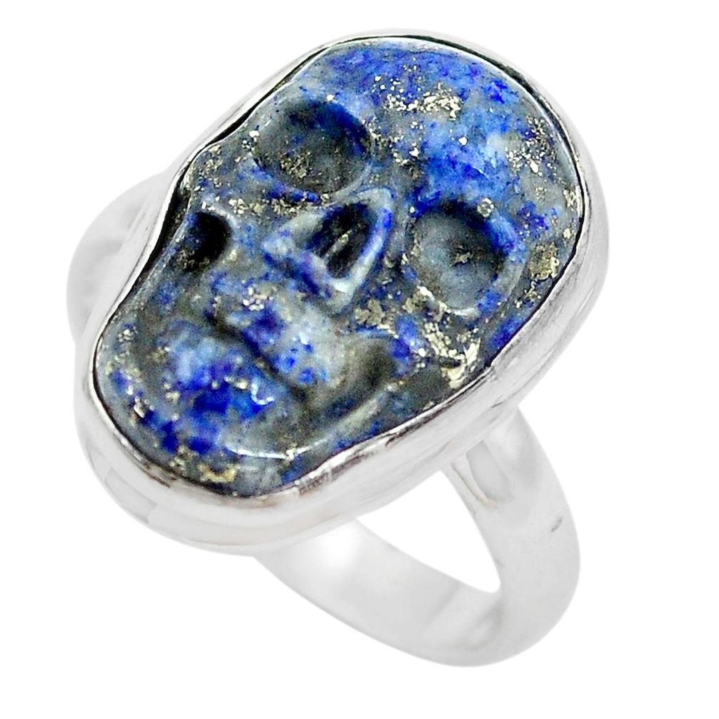 11.57cts natural blue lapis lazuli 925 silver skull solitaire ring size 7 p61717