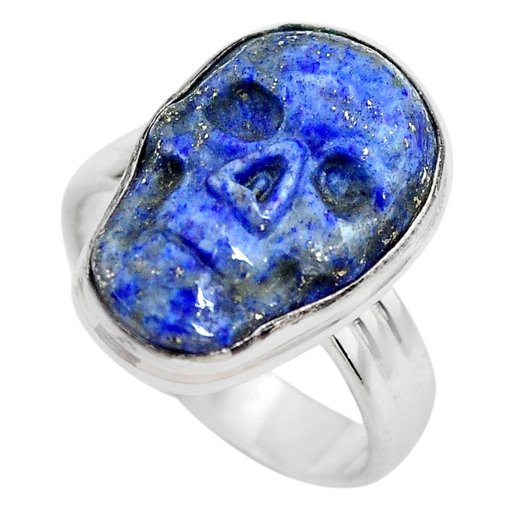 Natural blue lapis lazuli 925 silver skull solitaire ring size 7.5 p61718