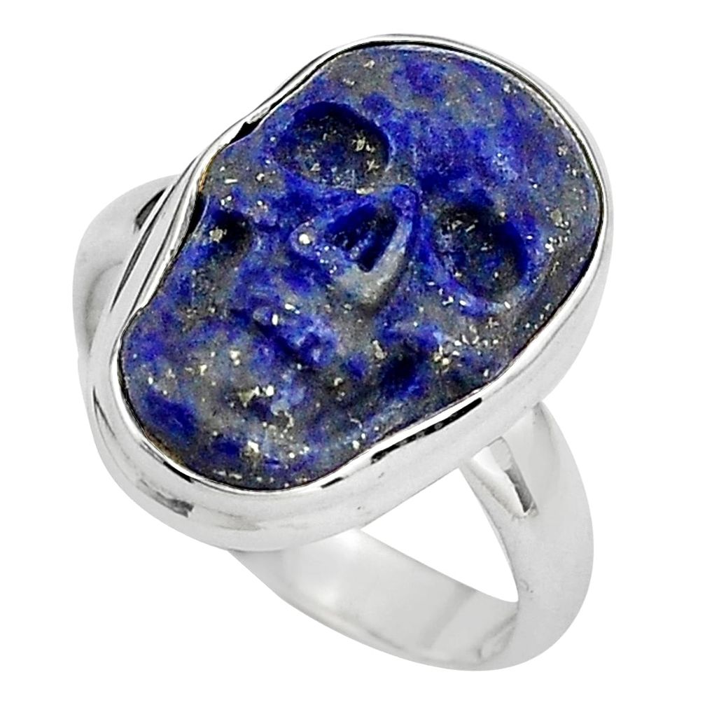 9.61cts natural blue lapis lazuli 925 silver skull solitaire ring size 7 p88274