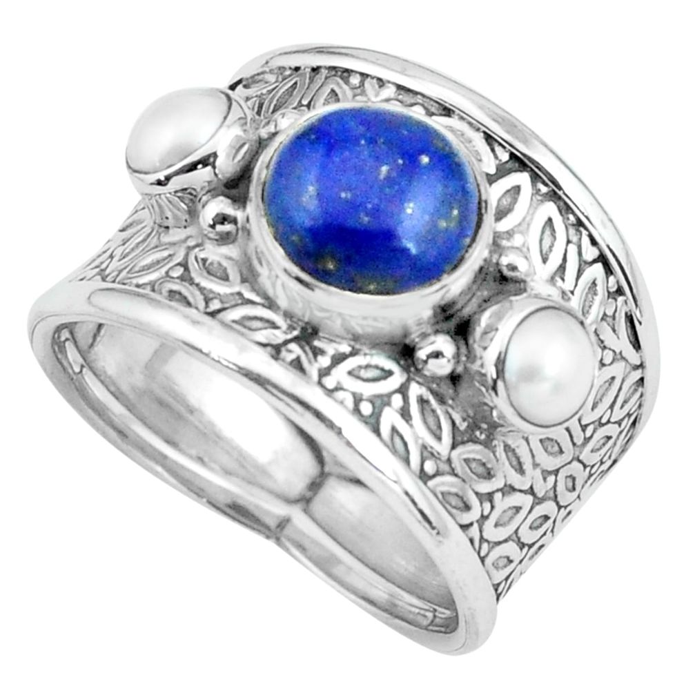 5.27cts natural blue lapis lazuli pearl 925 sterling silver ring size 8 p68484