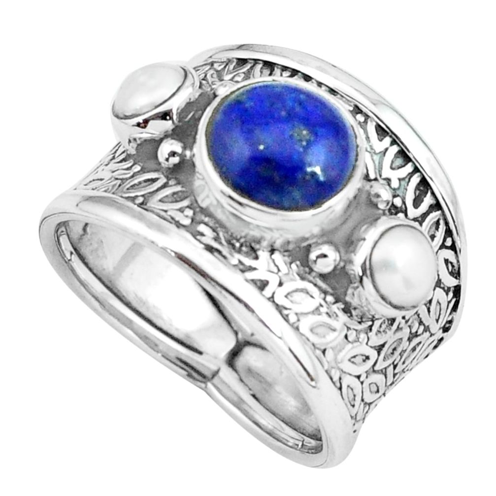 5.02cts natural blue lapis lazuli pearl 925 sterling silver ring size 8 p68487
