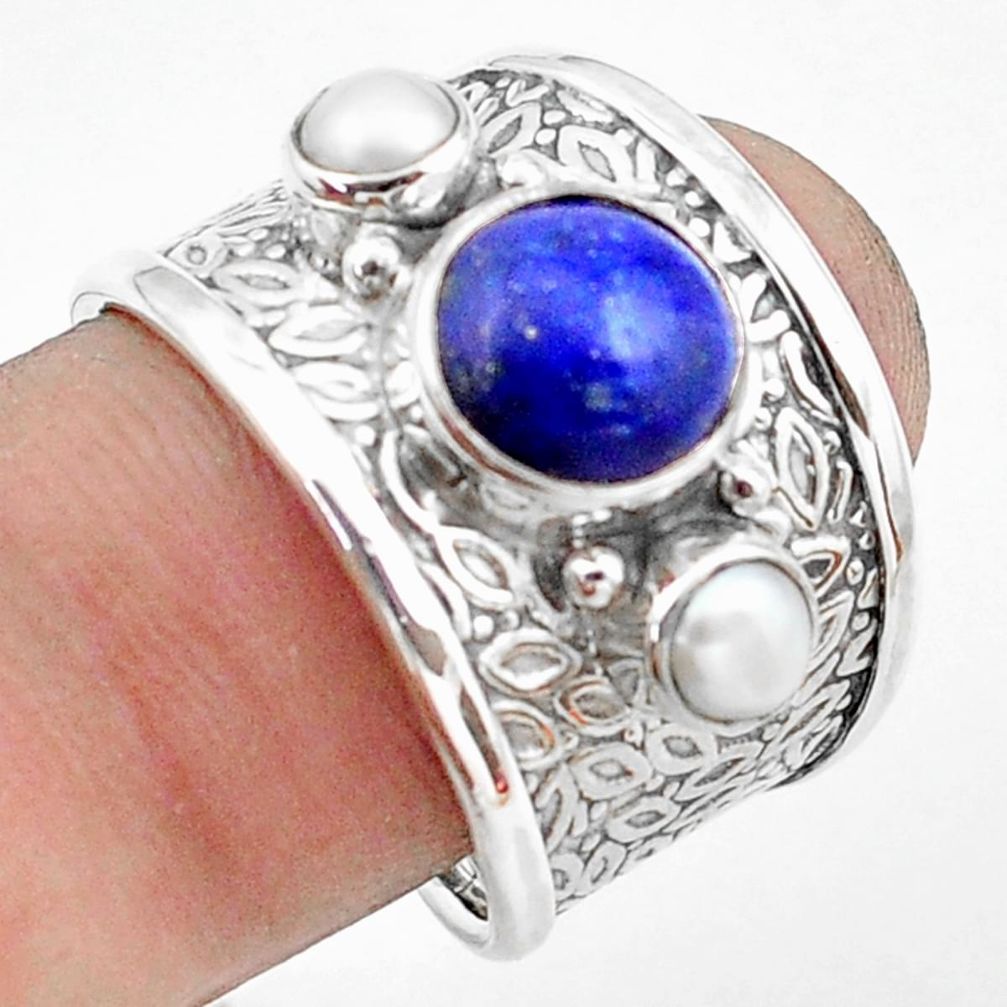 5.51cts natural blue lapis lazuli pearl 925 sterling silver ring size 8 p74821