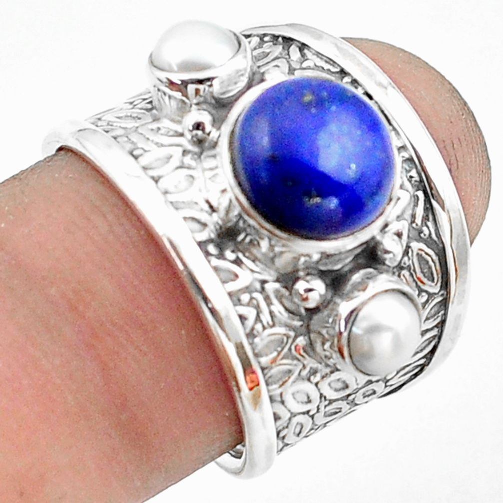 5.00cts natural blue lapis lazuli pearl 925 sterling silver ring size 7 p74822