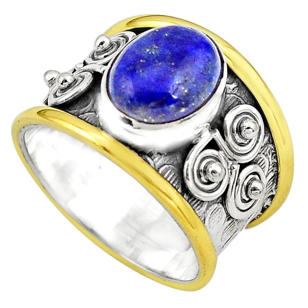 4.38cts natural blue lapis lazuli silver 14k gold solitaire ring size 7 p81111