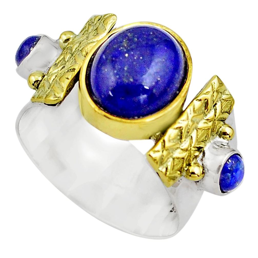6.62cts natural blue lapis lazuli silver 14k gold solitaire ring size 8 p81129