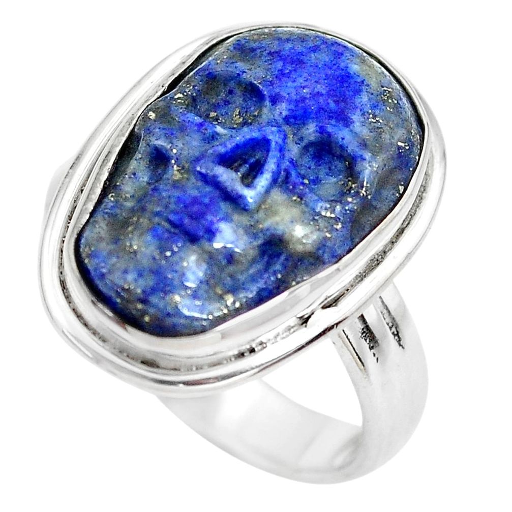 11.93cts natural blue lapis lazuli silver skull solitaire ring size 7.5 p61720