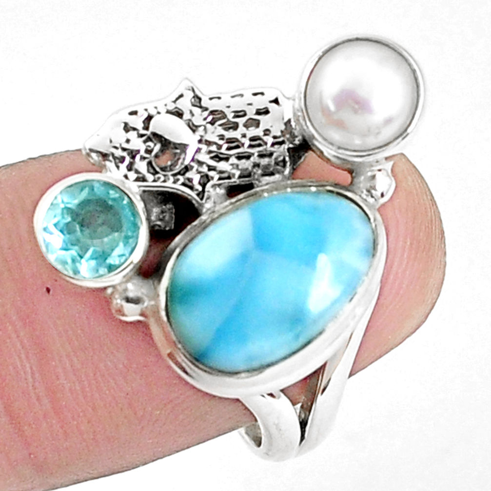 7.07cts natural blue larimar 925 silver hand of god hamsa ring size 7 p42691