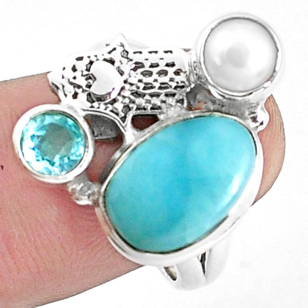 6.32cts natural blue larimar 925 silver hand of god hamsa ring size 7.5 p42692