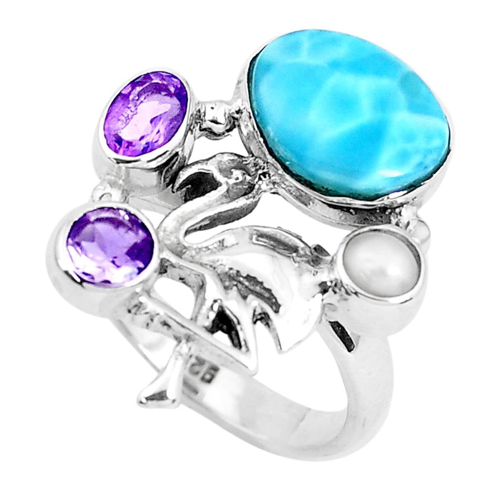 6.73cts natural blue larimar amethyst 925 silver dragon ring size 7.5 p47686