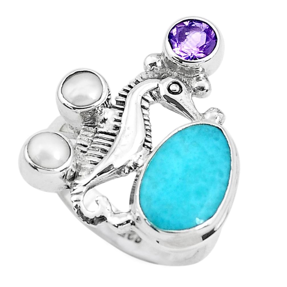 7.10cts natural blue larimar amethyst 925 silver seahorse ring size 8 p47701