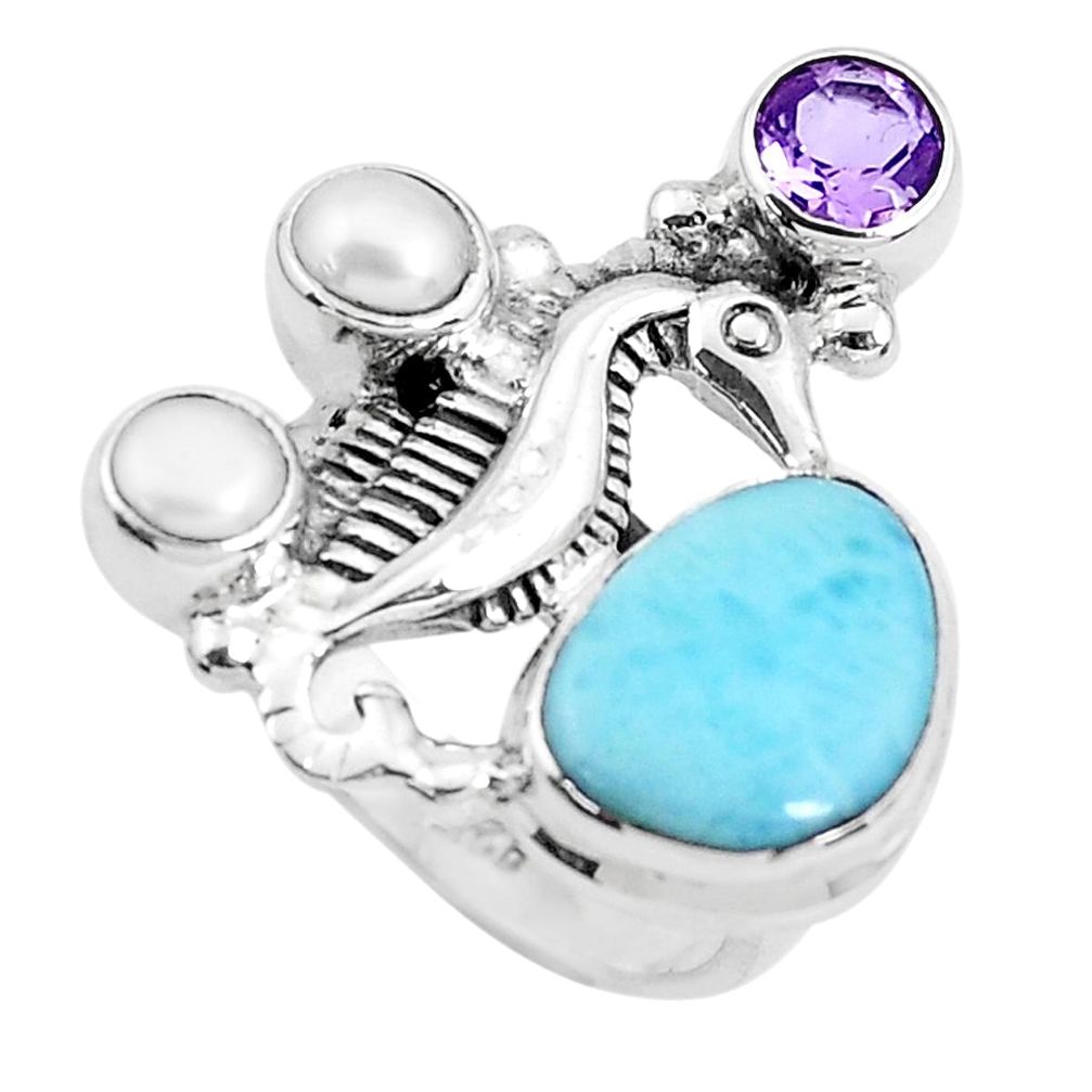 6.31cts natural blue larimar amethyst 925 silver seahorse ring size 7 p47706