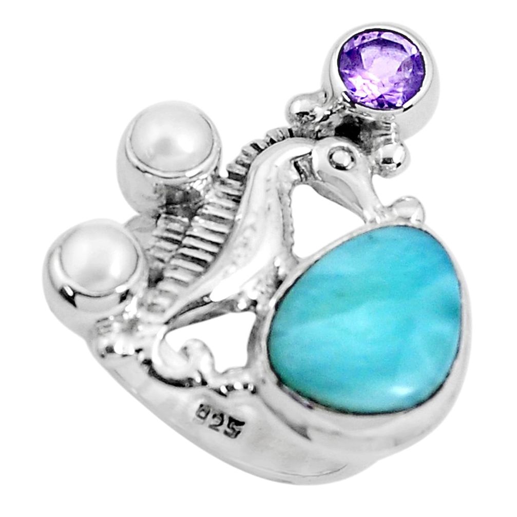 7.00cts natural blue larimar amethyst 925 silver seahorse ring size 6.5 p47712