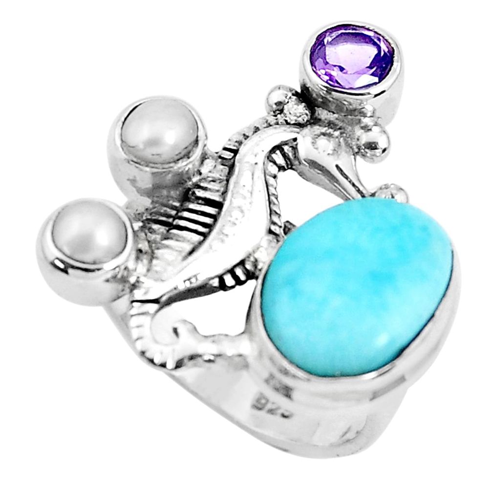 7.21cts natural blue larimar amethyst 925 silver seahorse ring size 7.5 p47717