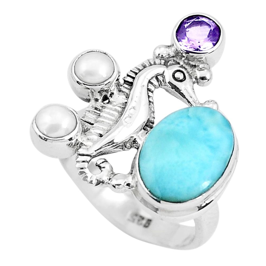 7.22cts natural blue larimar amethyst 925 silver seahorse ring size 7.5 p47737