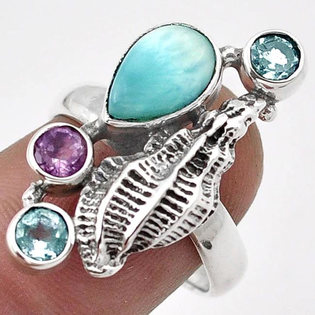 NATURAL BLUE LARIMAR AMETHYST TOPAZ 925 SILVER CONCH SEASHELL RING SIZE 7 G89798