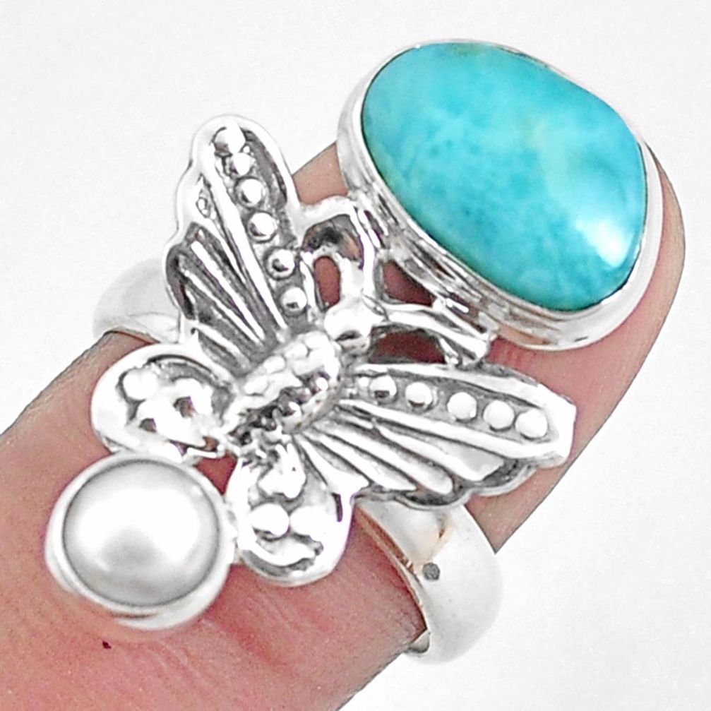 5.83cts natural blue larimar pearl 925 silver butterfly ring size 7 p42699