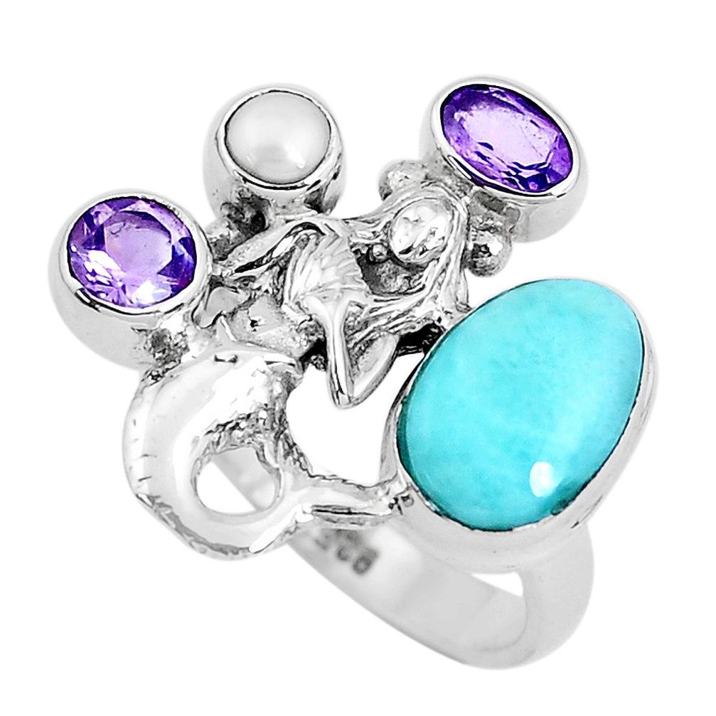 7.11cts natural blue larimar pearl 925 silver fairy mermaid ring size 8 p47714