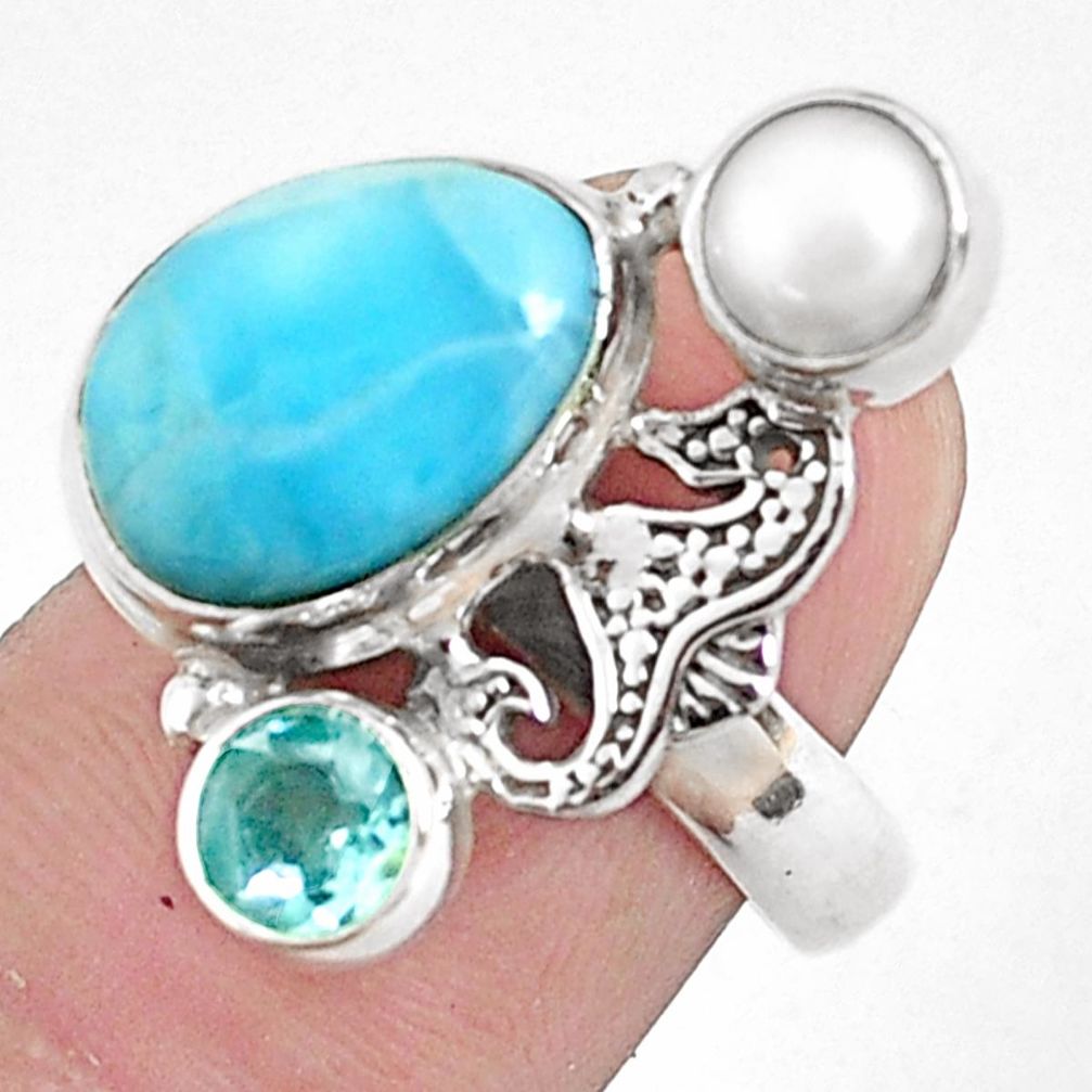 7.49cts natural blue larimar topaz 925 silver seahorse ring size 6.5 p42695