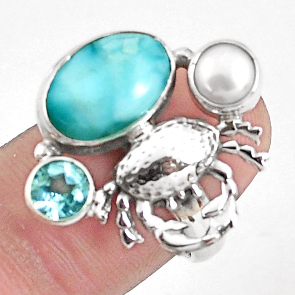 6.96cts natural blue larimar topaz 925 sterling silver crab ring size 7 p42685
