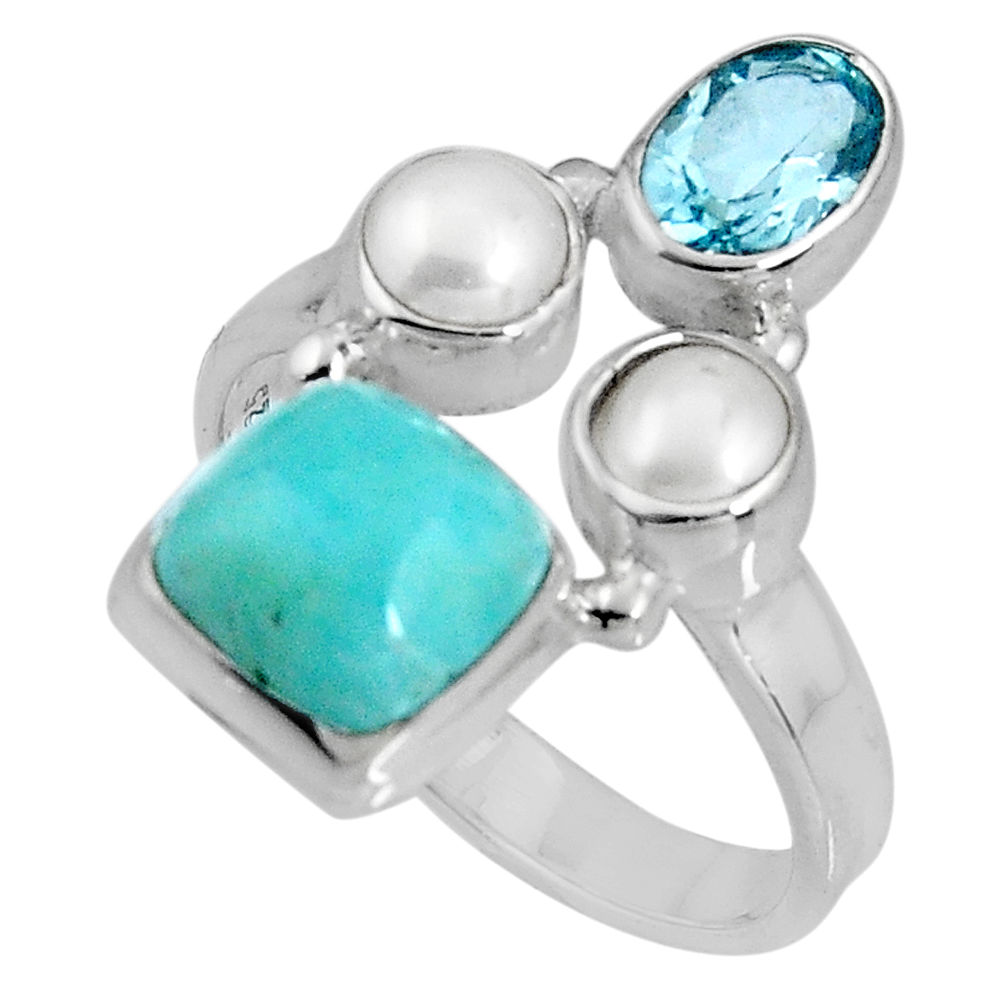 6.31cts natural blue larimar topaz pearl 925 sterling silver ring size 8 p90702