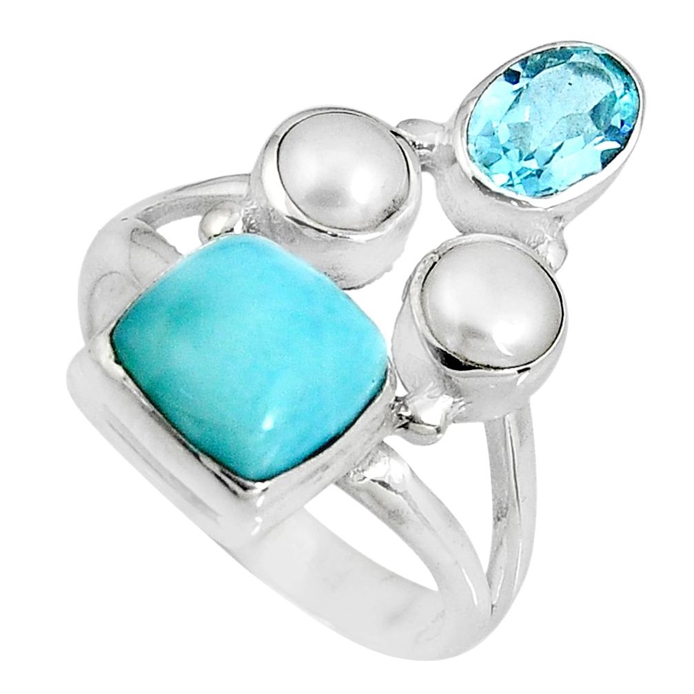 6.58cts natural blue larimar topaz pearl sterling silver ring size 6.5 p90707