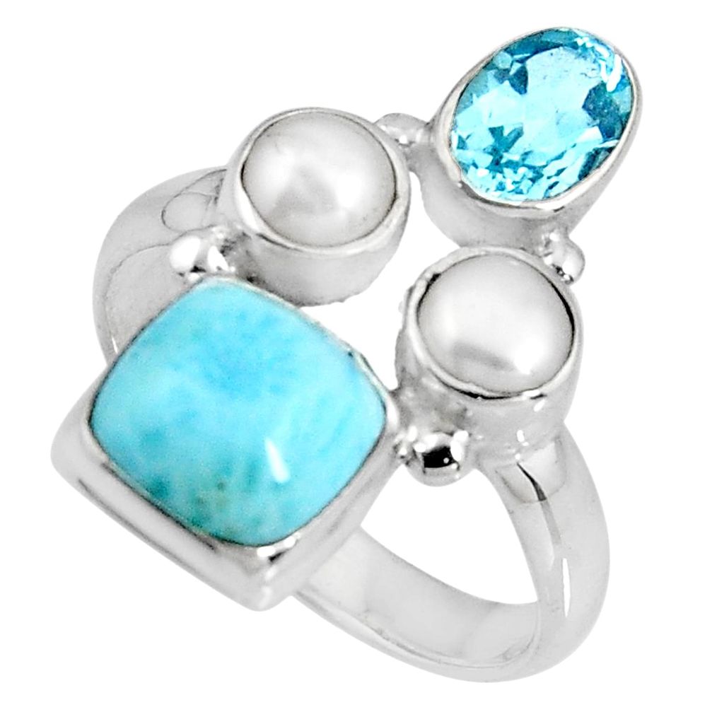 6.31cts natural blue larimar topaz pearl sterling silver ring size 7.5 p90710