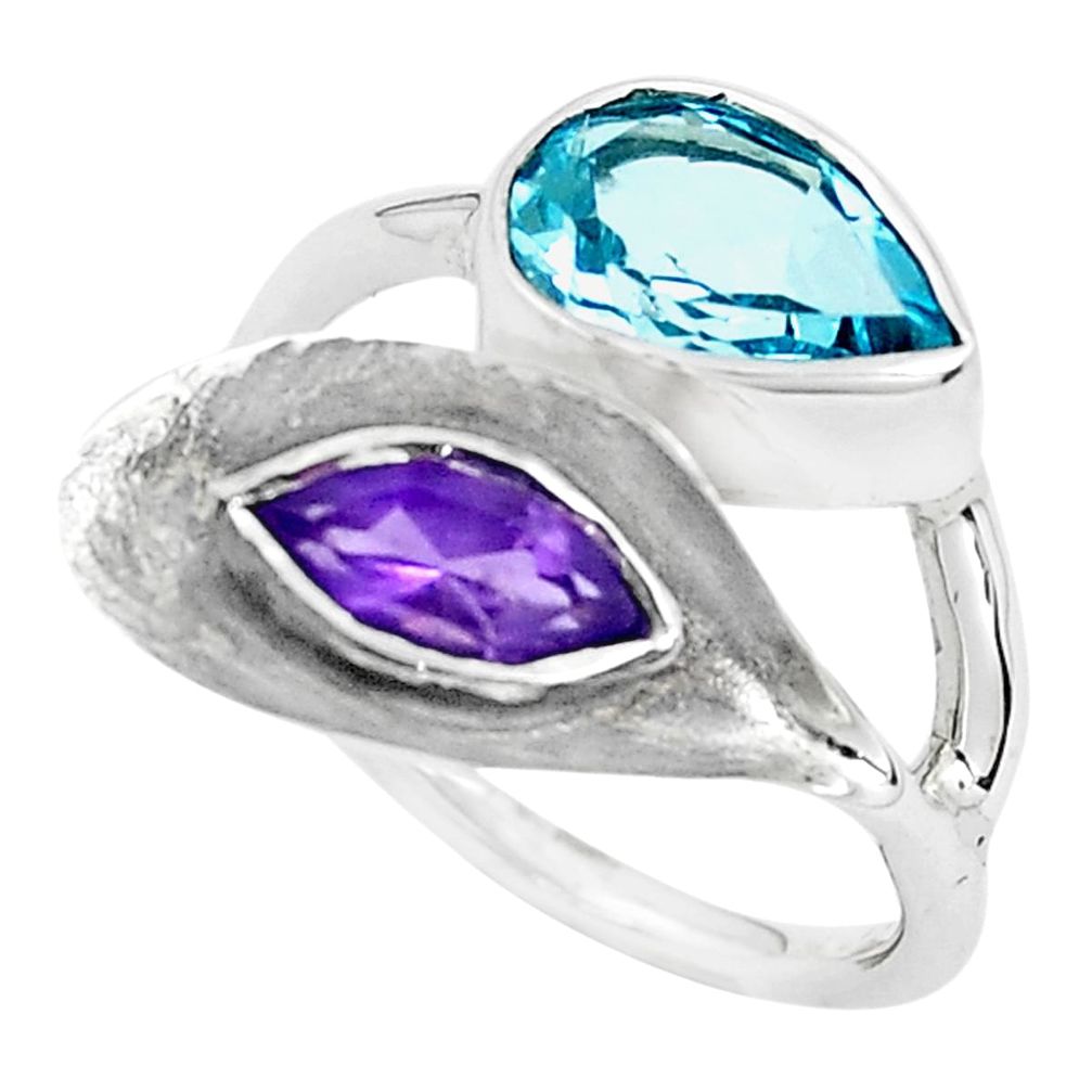 Natural blue topaz amethyst 925 silver adjustable solitaire ring size 7 p40334