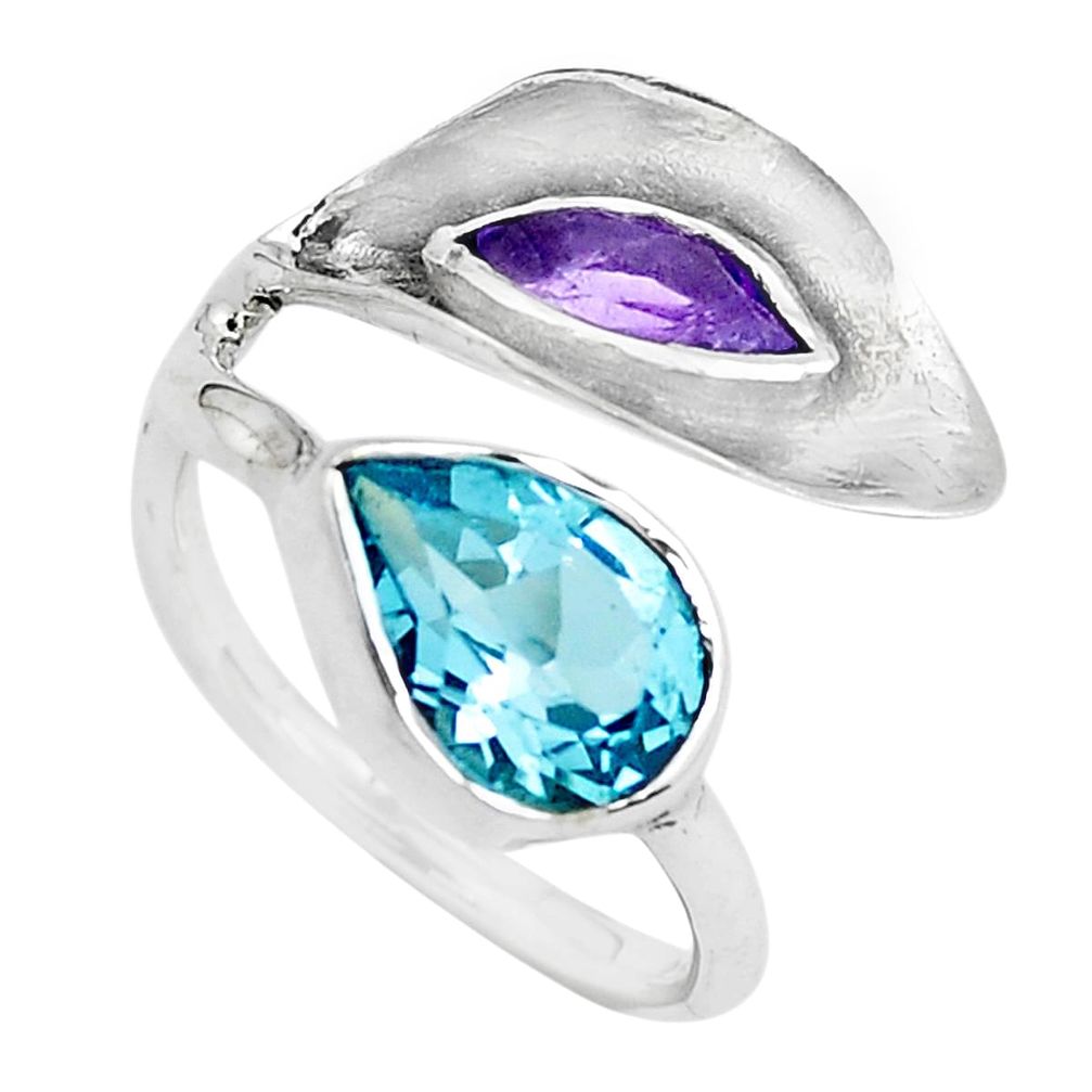 Natural blue topaz amethyst 925 silver adjustable solitaire ring size 7 p40335