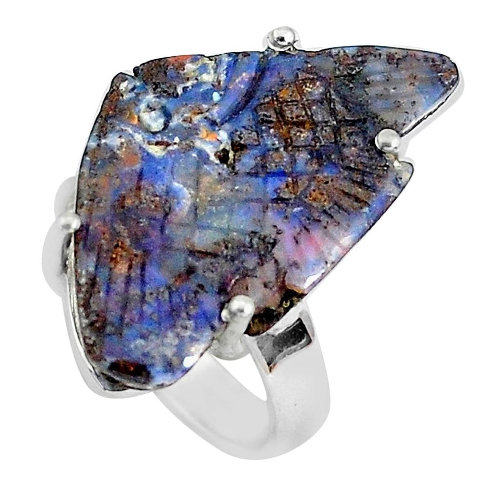 14.23cts natural brown boulder opal carving 925 silver fish ring size 6.5 p46593