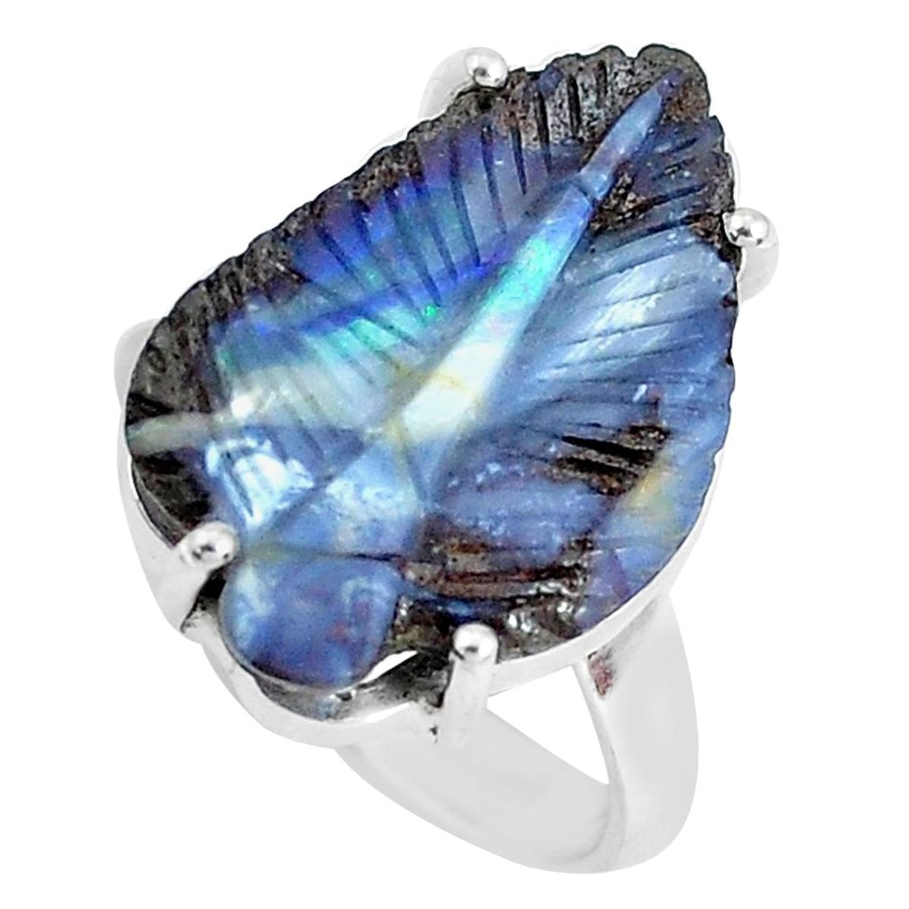 14.72cts natural brown boulder opal carving 925 silver leaf ring size 8.5 p46619