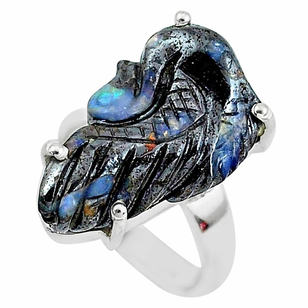 17.22cts natural brown boulder opal carving 925 silver ring size 7 p46623