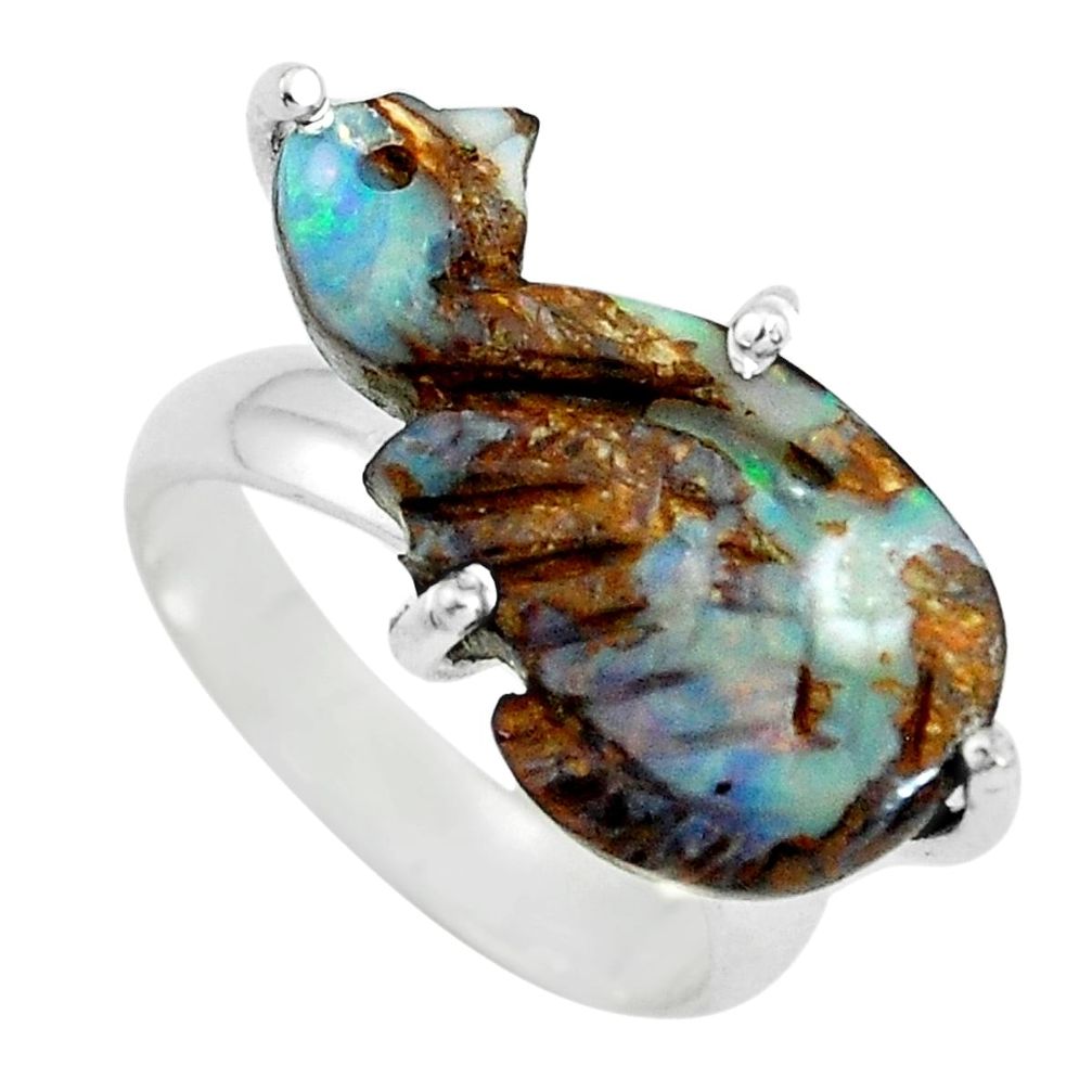 9.86cts natural brown boulder opal carving 925 silver ring size 5 p69414