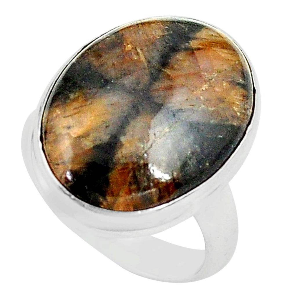 17.22cts natural brown chiastolite 925 silver solitaire ring size 7.5 p80564