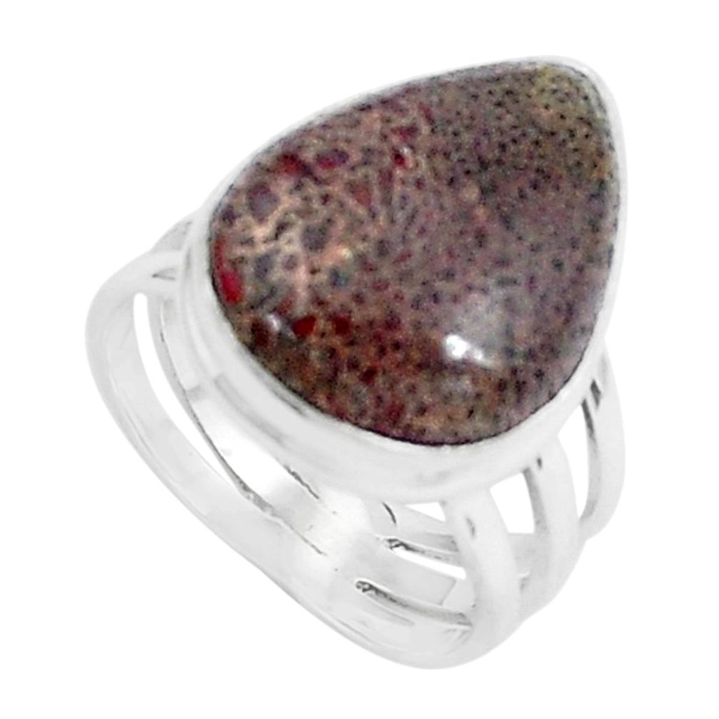 Natural brown dinosaur bone fossilized 925 silver solitaire ring size 8.5 p45999