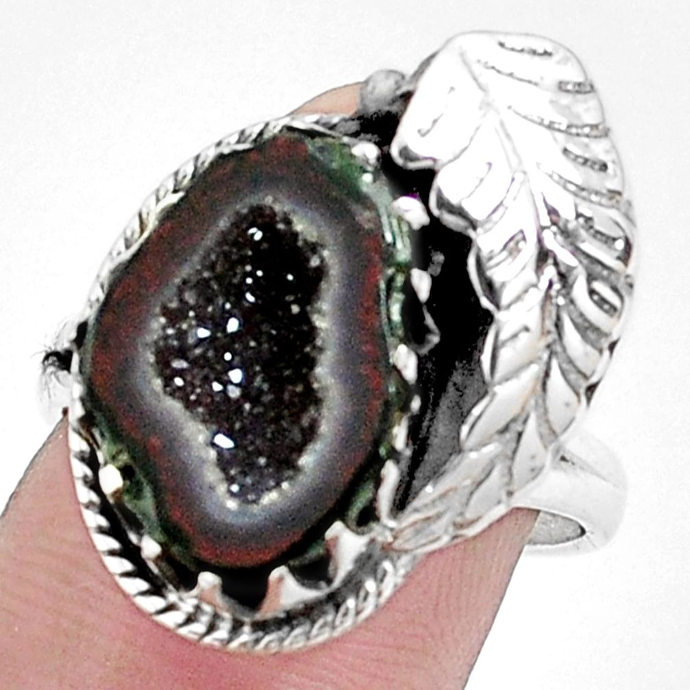 7.40cts natural brown geode druzy 925 silver solitaire ring size 8.5 p42501