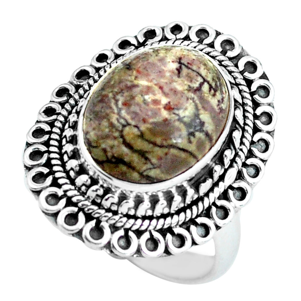 6.48cts natural brown mushroom rhyolite silver solitaire ring size 7.5 d32084