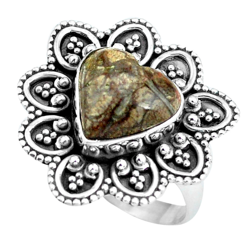 5.79cts natural brown mushroom rhyolite silver solitaire ring size 8.5 d32086
