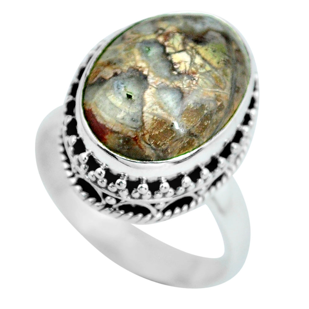 7.66cts natural brown mushroom rhyolite silver solitaire ring size 6.5 d32141